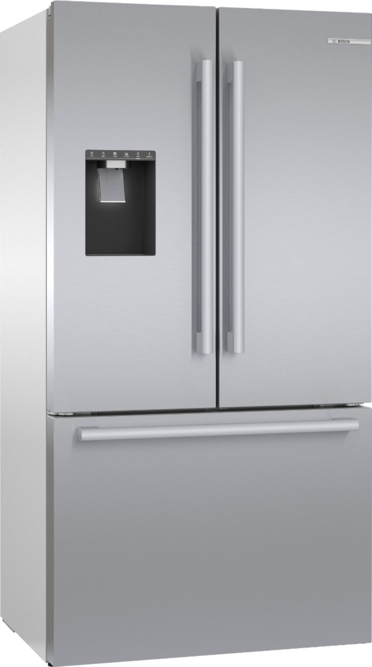 Angle View: Bosch - 500 Series 21 Cu. Ft. French Door Counter-Depth Smart Refrigerator with External Water and Ice Maker - Stainless steel