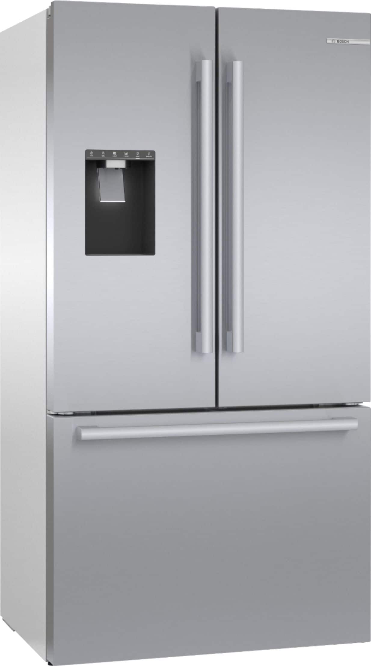 Angle. Bosch - 500 Series 21 Cu. Ft. French Door Counter-Depth Smart Refrigerator with External Water and Ice Maker - Stainless Steel.