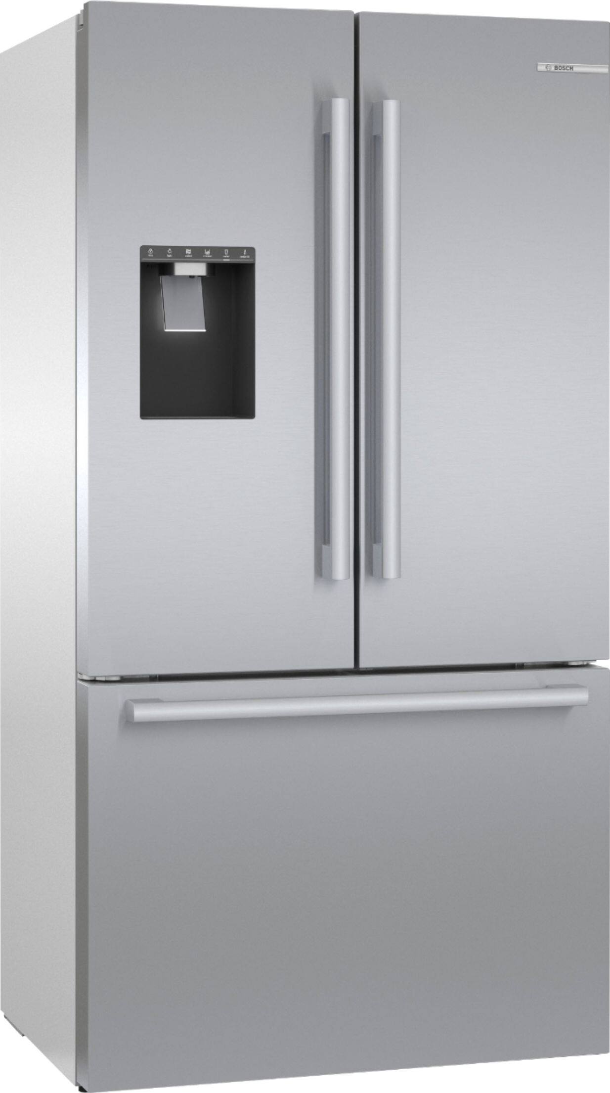 Angle. Bosch - 500 Series 21 Cu. Ft. French Door Counter-Depth Smart Refrigerator with External Water and Ice Maker - Stainless Steel.