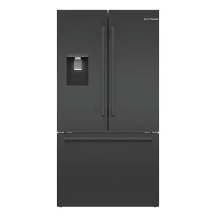 Front. Bosch - 500 Series 21 Cu. Ft. French Door Counter-Depth Smart Refrigerator with External Water and Ice Maker - Black Stainless Steel.