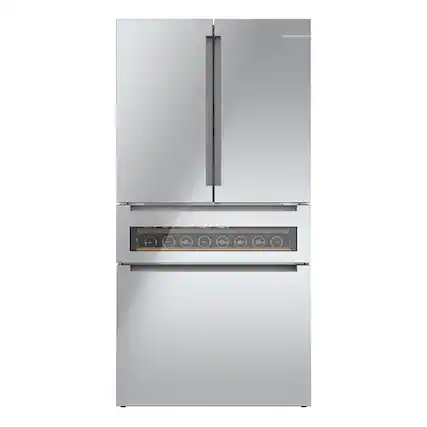 Front. Bosch - 800 Series 20 Cu. Ft. 4-Door French Door Counter-Depth Smart Refrigerator with Beverage Cooler Drawer - Stainless Steel.