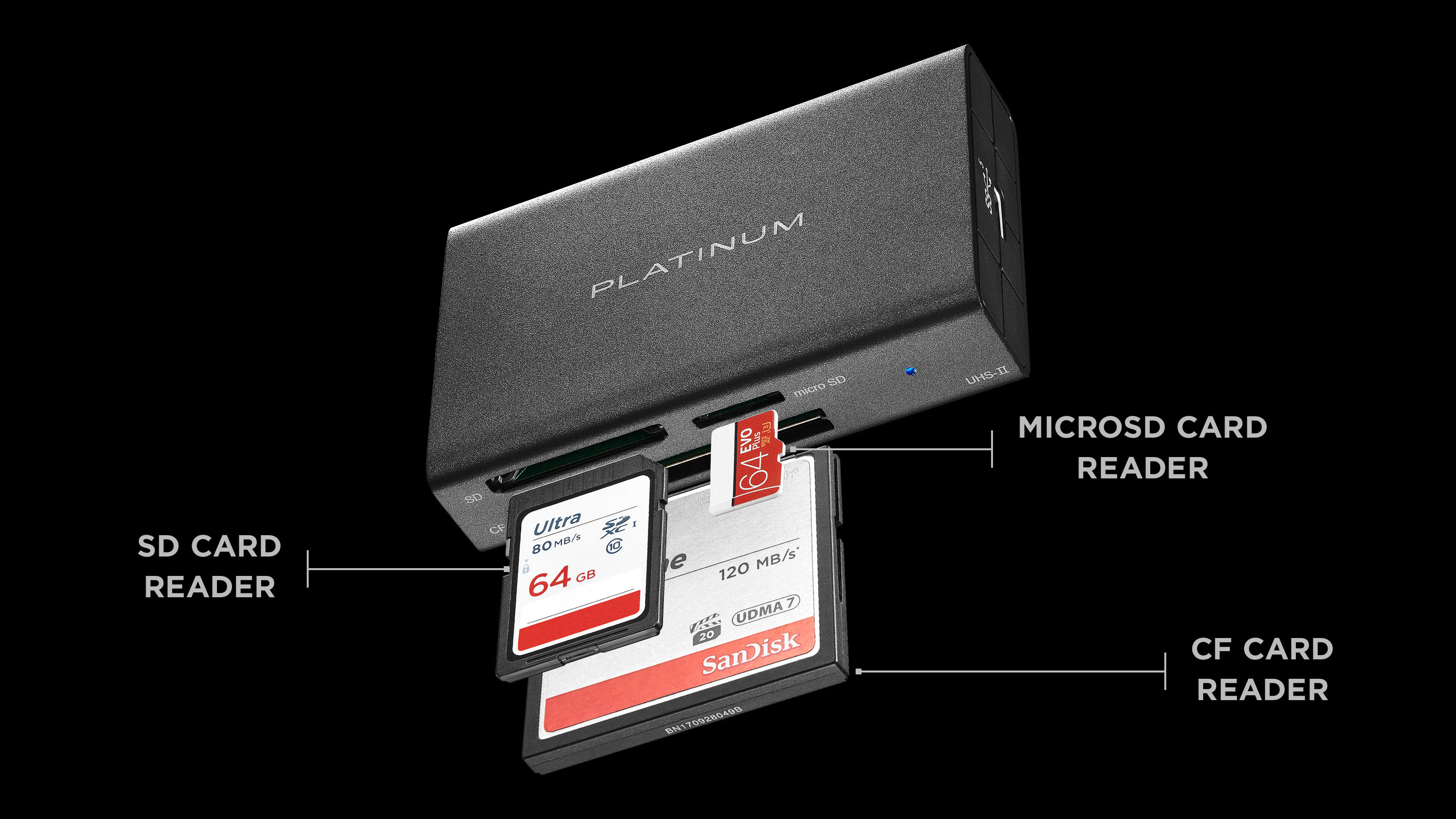 Platinum - USB 3.2 Gen 1 SD, microSD, CF 3 Slot Memory Card Reader - Black