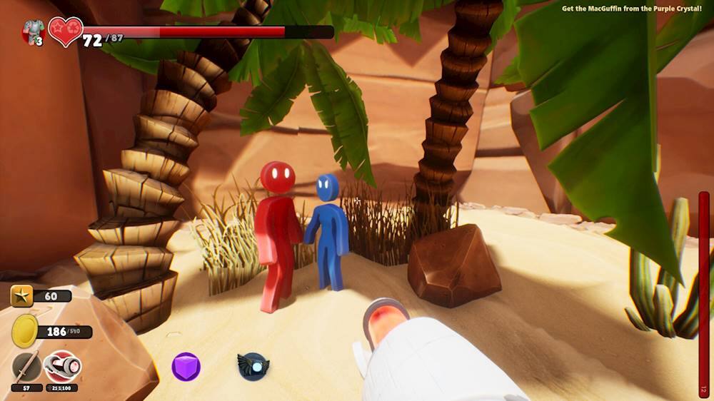 The image shows two characters, one red and one blue, walking through a jungle-like environment. They are surrounded by trees and are on a sandy path. The red character is holding a gun, while the blue character is holding a knife. The scene appears to be from a video game, possibly an action or adventure game. The characters seem to be on a mission to retrieve the MacGuffin from the Purple Crystal. The game's progress is displayed at the bottom of the image, showing the current level, score, and other relevant information.