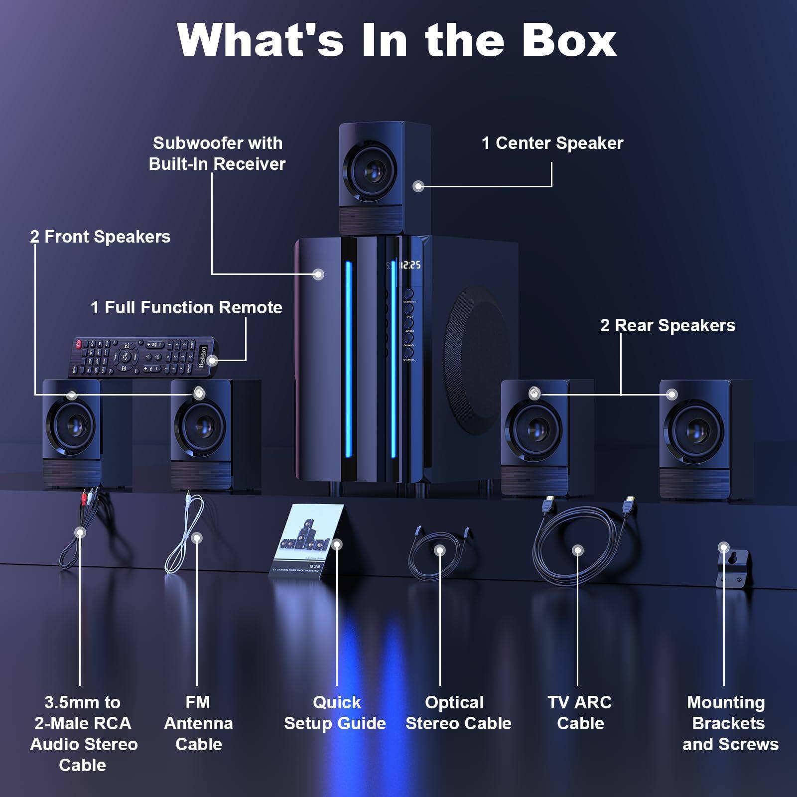 What's In the Box

- Subwoofer with Built-In Receiver
- 2 Front Speakers
- 1 Center Speaker
- 2 Rear Speakers
- 1 Full Function Remote
- 3.5mm to 2-Male RCA Audio Stereo Cable
- FM Antenna Cable
- Quick Setup Guide
- Optical Stereo Cable
- TV ARC Cable
- Mounting Brackets and Screws
