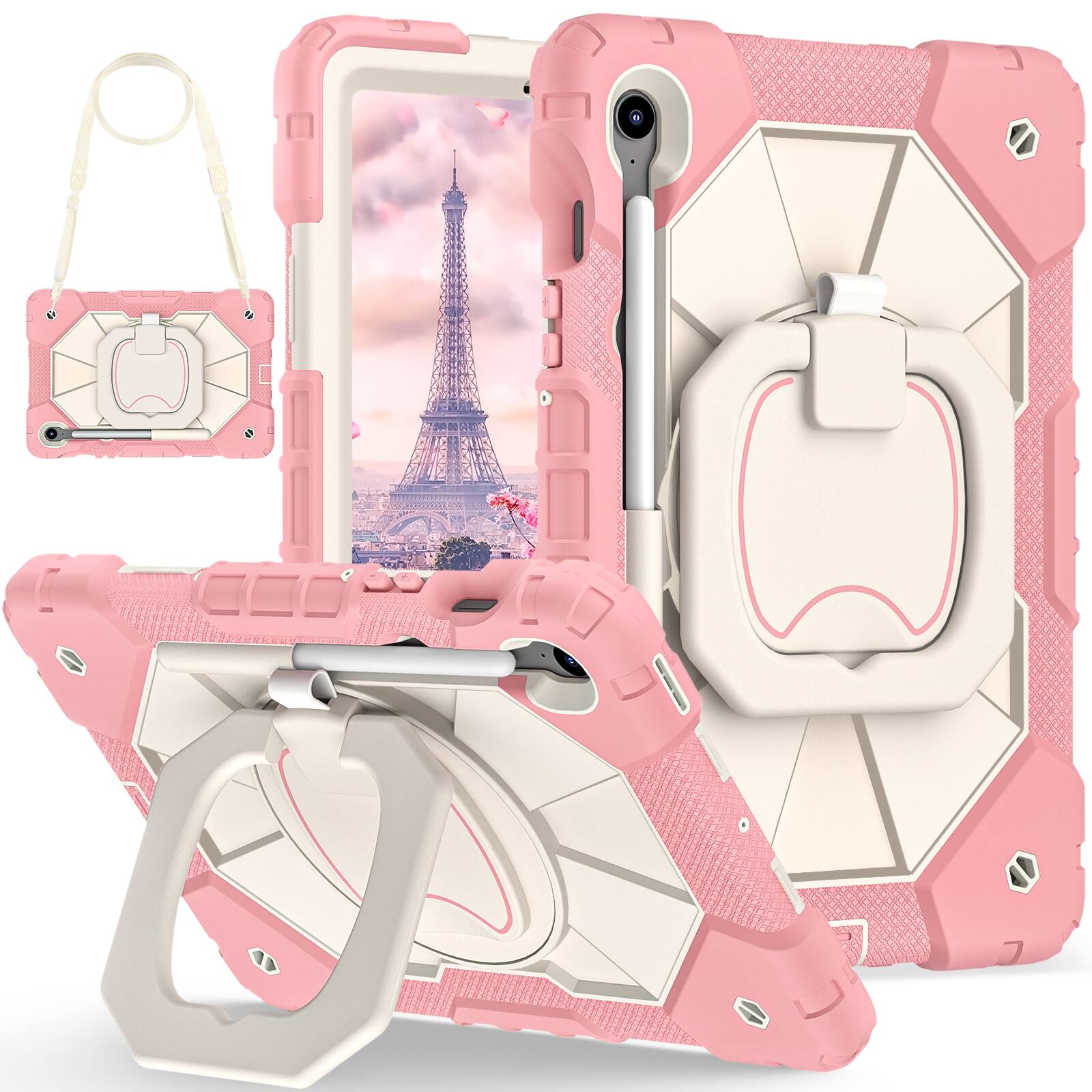Front. Dteck - Case for Samsung Galaxy Tab S10 FE/S10 Lite/S9 FE/S9,3-Layer Rugged Kickstand Handle Grip Cover with Shoulder Strap - Rosegold.
