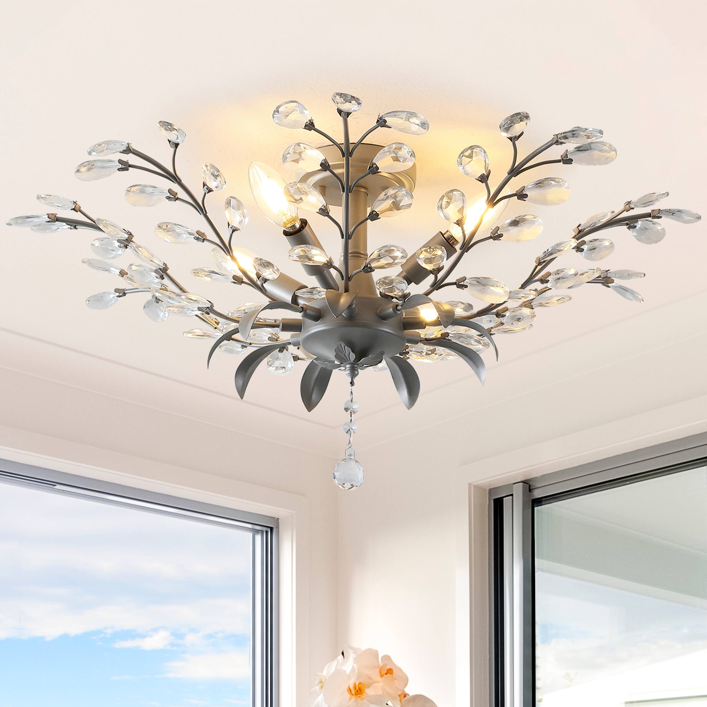 Alt View 1. Jonathan Y - Elisana 26" 4-Light Contemporary Bohemian Iron/Acrylic LED Semi Flush Mount, Silver Gray/Clear - Silver Gray/Clear.
