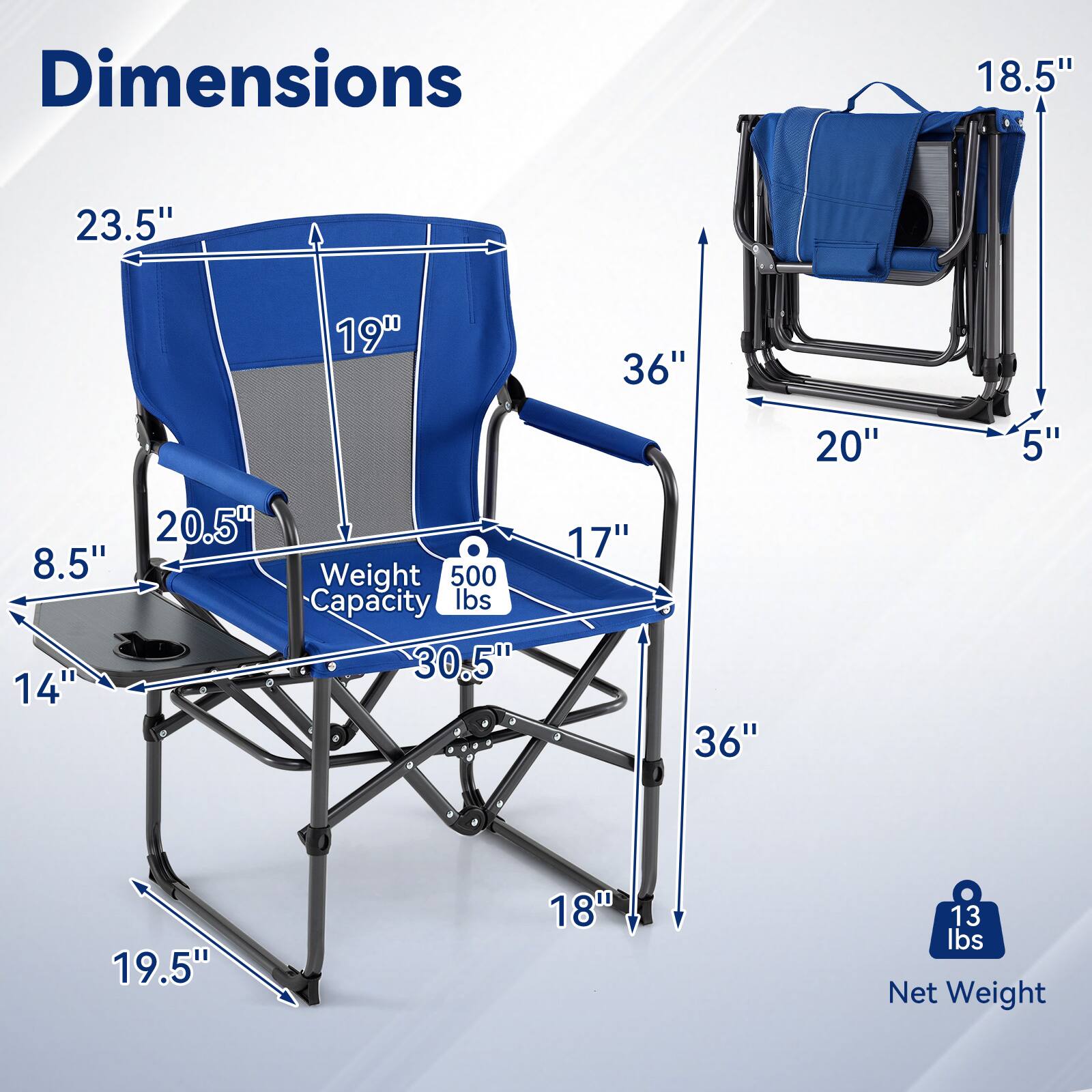 Dimensions
- 18.5"
- 23.5"
- 19"
- 36"
- 20"
- 5"
- 20.5"
- 8.5"
- 30.5"
- 14"
- 17"
- 36"
- 19.5"
- 18"
- 13 lbs Net Weight

Weight Capacity: 500 lbs