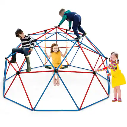 Front. Gymax - Gymax 10 FT Climbing Dome with Swing Outdoor Kids Play Jungle Gym Red and Blue - Blue, Red.