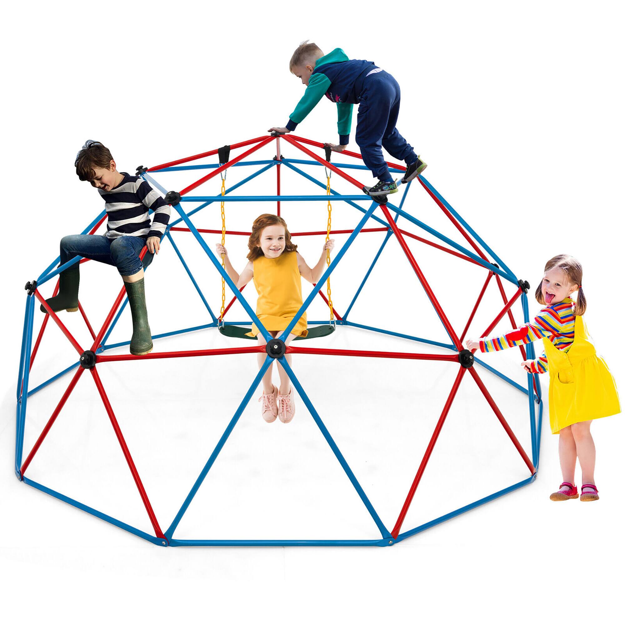Gymax - 10 FT Climbing Dome with Swing Outdoor Kids Play Jungle Gym Red and Blue - Blue, Red