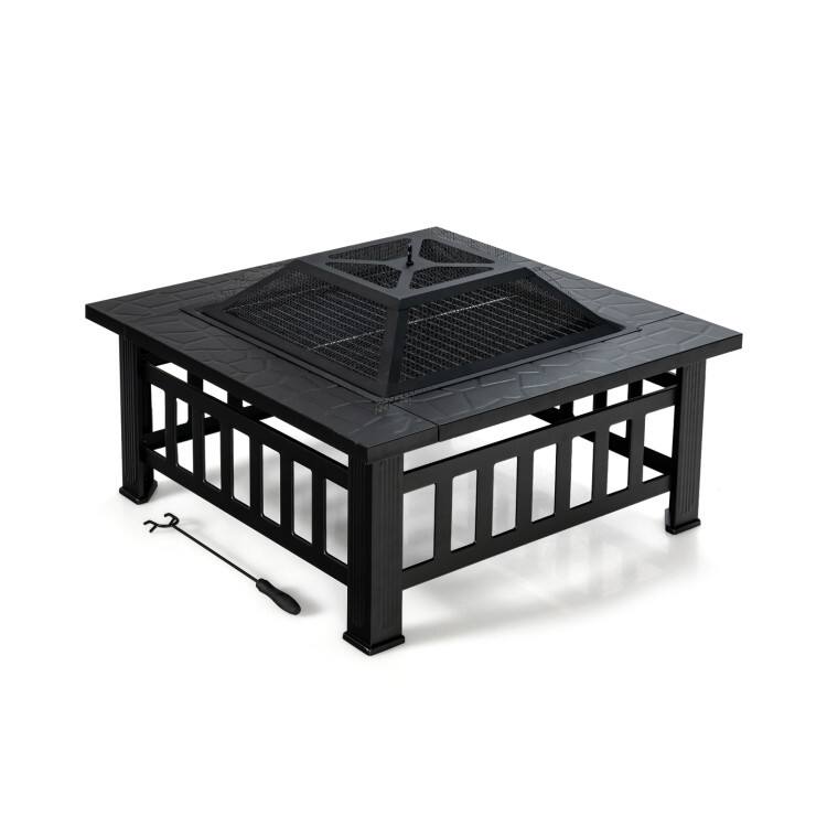 Angle. Mondawe - 32 Inch 3 in 1 Outdoor Square Fire Pit Table with BBQ Grill and Rain Cover for Camping - Black.