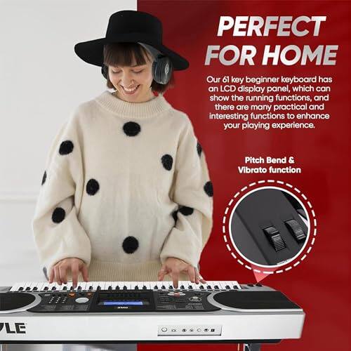 PERFECT FOR HOME

Our 61 key beginner keyboard has an LCD display panel, which can show the running functions, and there are many practical and interesting functions to enhance your playing experience.

Pitch Bend & Vibrato function