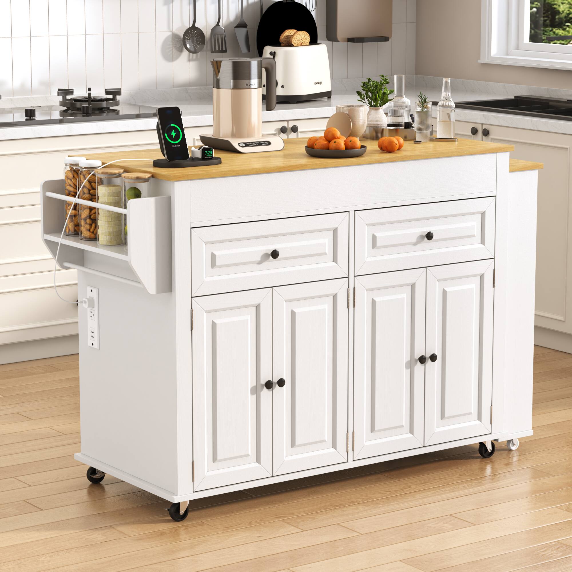 Angle. Espafurni - 80"-48" Extendable Kitchen Island with Dining Table & Power Outlet,Drawers,Shelves, Mobile Rolling Cart - White.