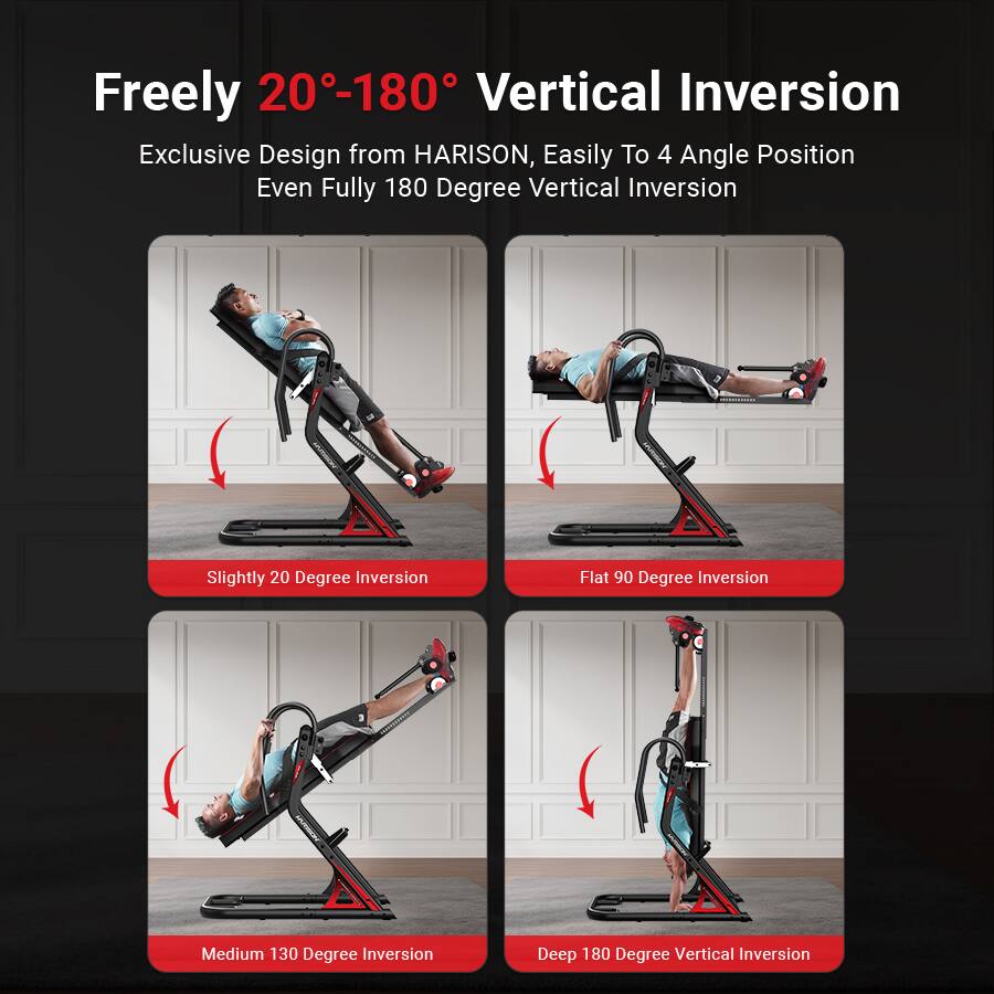 Freely 20°-180° Vertical Inversion  
Exclusive Design from HARISON, Easily To 4 Angle Position  
Even Fully 180 Degree Vertical Inversion  

- Slightly 20 Degree Inversion  
- Flat 90 Degree Inversion  
- Medium 130 Degree Inversion  
- Deep 180 Degree Vertical Inversion