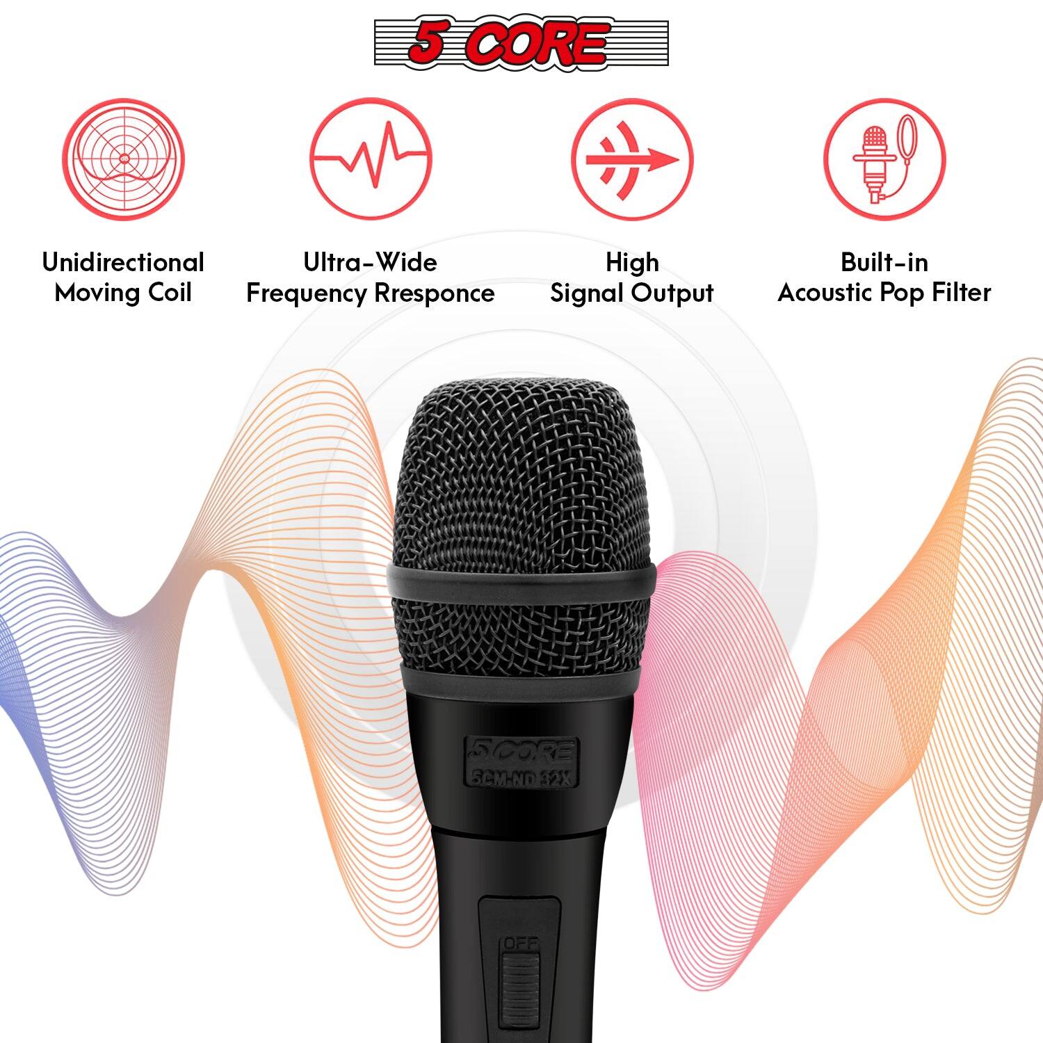 The corrected text is:

"5 CORE Unidirectional Ultra-Wide High Moving Coil Frequency Response Signal Output Built-in Acoustic Pop Filter SCORE 5CM-ND 32X OFF"