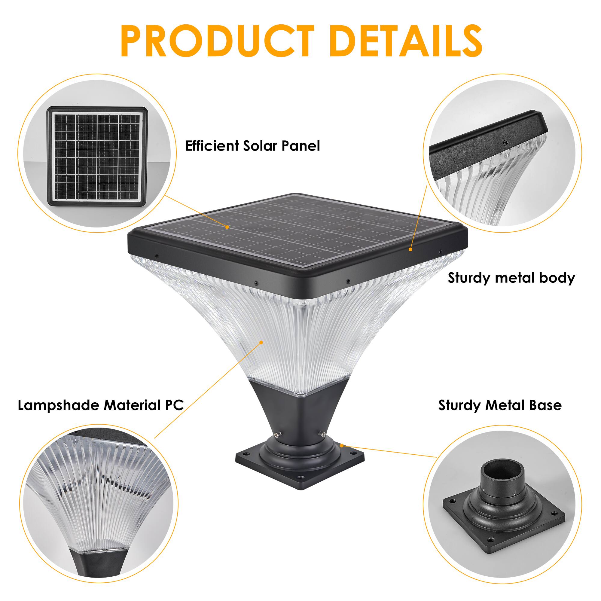PRODUCT DETAILS

- Efficient Solar Panel
- Sturdy metal body
- Lampshade Material PC
- Sturdy Metal Base