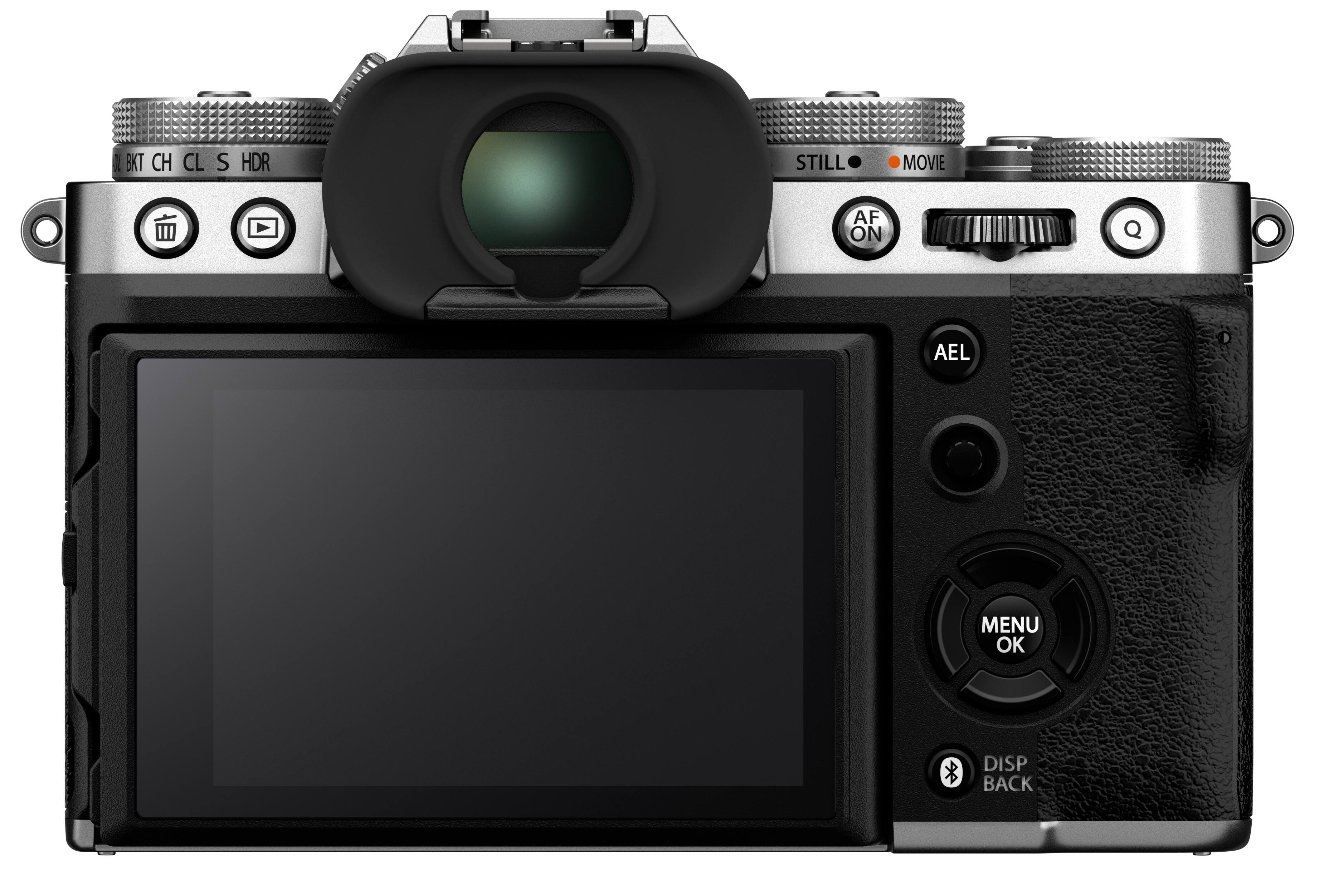 The image features a digital camera with a large screen and a viewfinder. The camera has a black and silver color scheme, and it is equipped with a viewfinder and a lens. The camera also has a menu button and a back button. The viewfinder is positioned on the top of the camera, and the lens is located on the front. The camera is designed for both still and movie photography, and it has an autofocus feature for capturing sharp images.