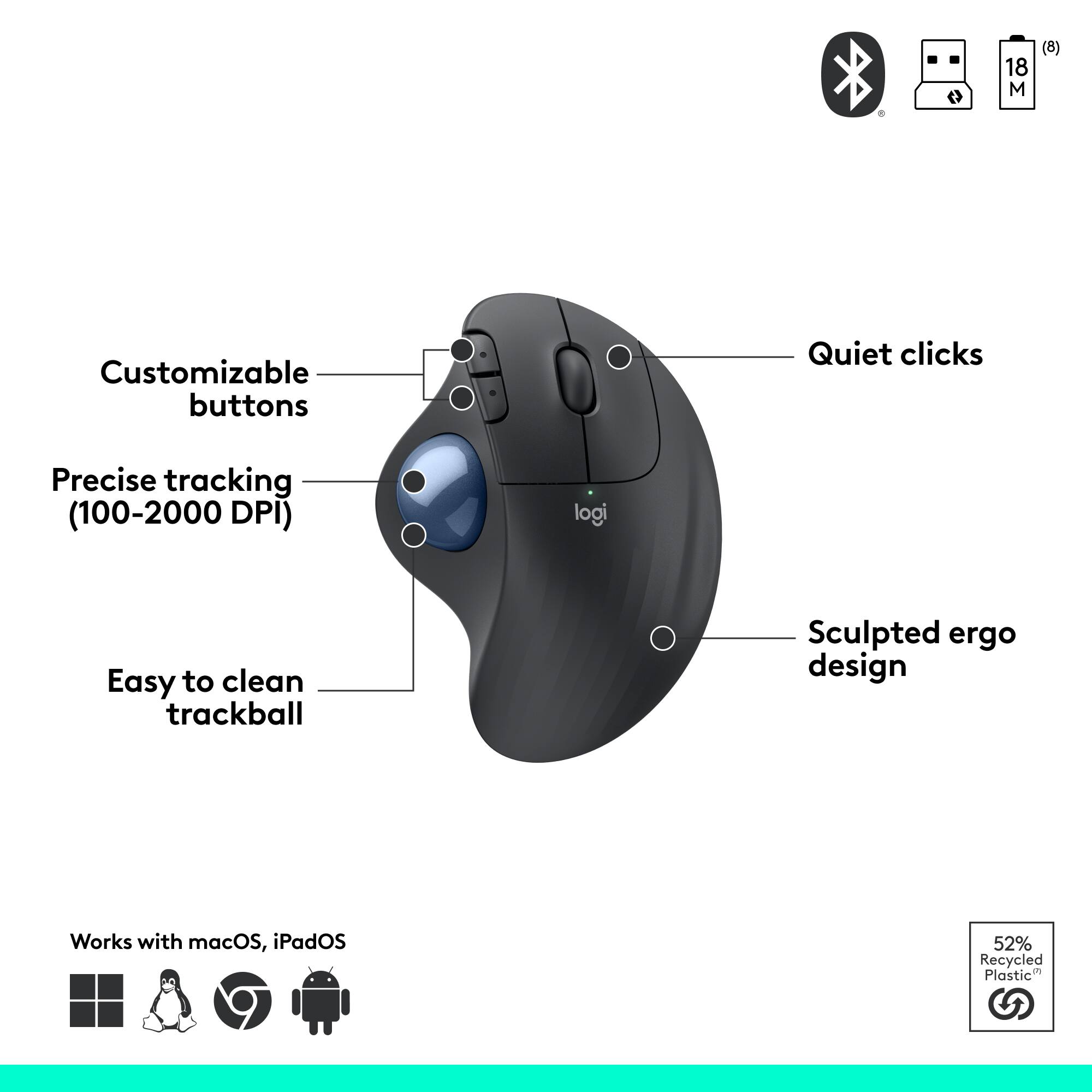 - Customizable buttons
- Quiet clicks
- Precise tracking (100-2000 DPI)
- Easy to clean trackball
- Sculpted ergo design
- Works with macOS, iPadOS
- 52% Recycled Plastic

- 18 M (8)
- logi