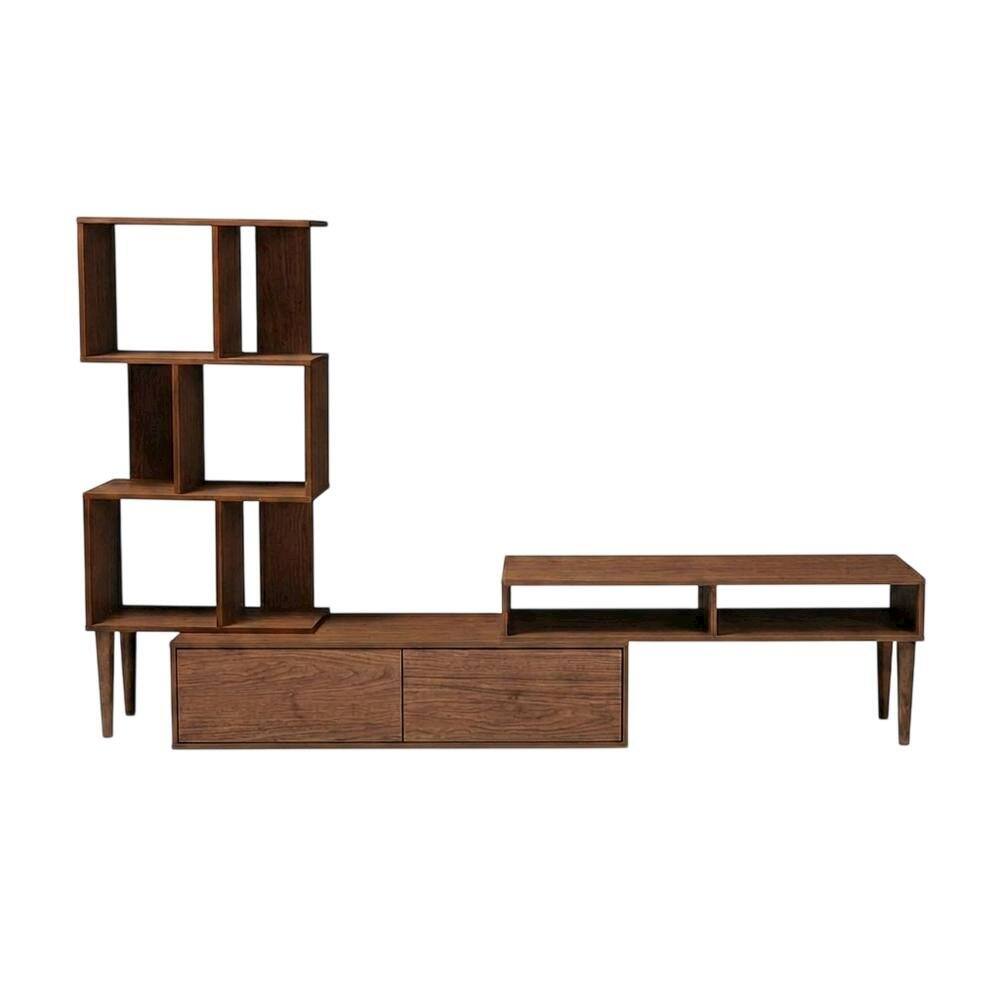 Alt View 3. FurniFact - Modern TV Stand with Black Finish, Spacious Storage and Open Shelves - Brown.