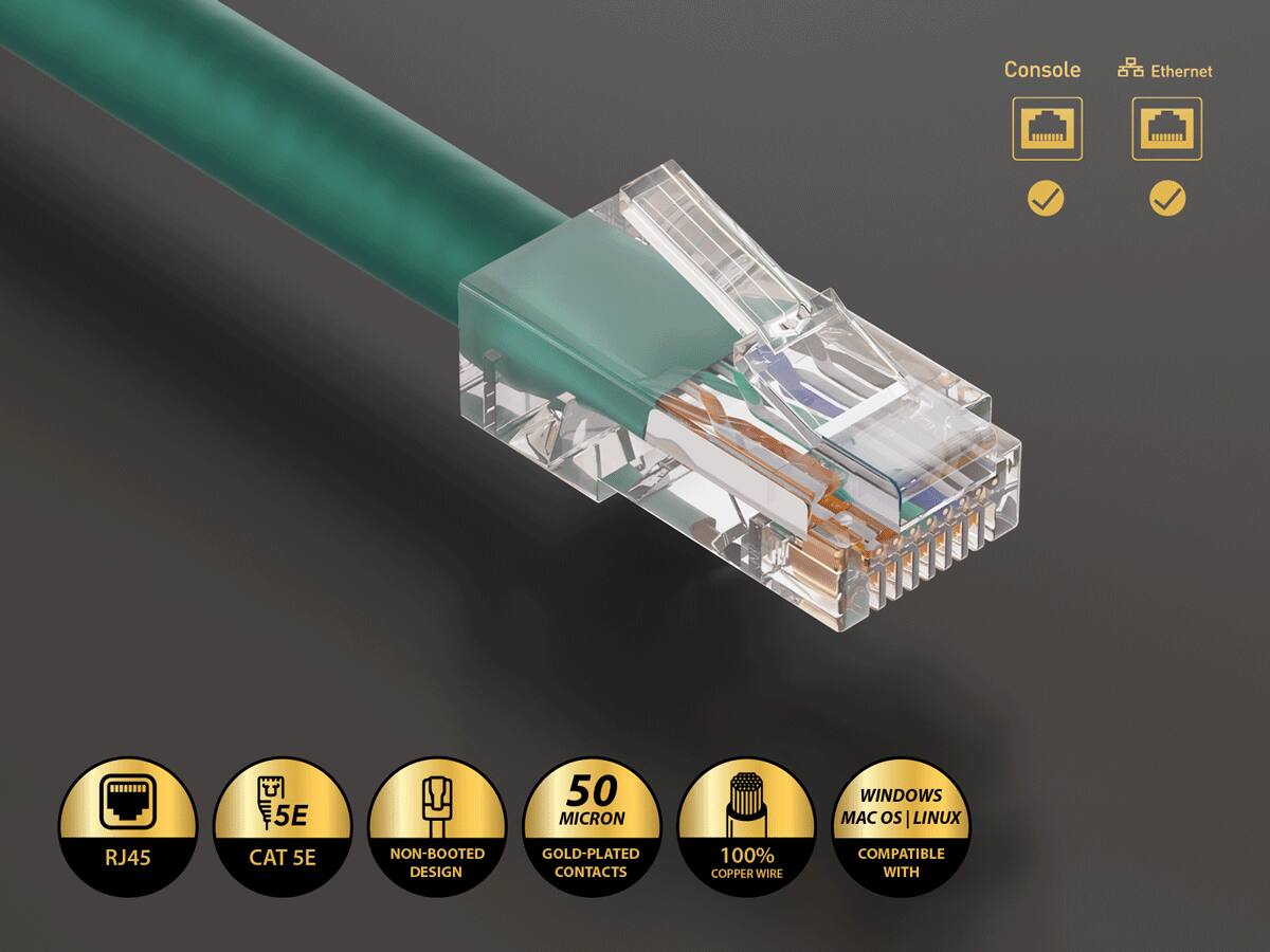 Console  
Ethernet  
5E  
50 MICRON  
WINDOWS MAC OS | LINUX  
RJ45  
CAT 5E  
NON-BOOTED GOLD-PLATED DESIGN CONTACTS  
100% COPPER WIRE  
COMPATIBLE WITH