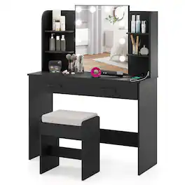 Costway - Makeup Vanity Desk with Lighted Mirror Charging Station 3-Color Dimmable LED Lights - Black