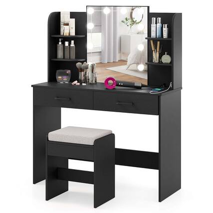 Front. Costway - Costway Makeup Vanity Desk with Lighted Mirror Charging Station 3-Color Dimmable LED Lights Black - Black.