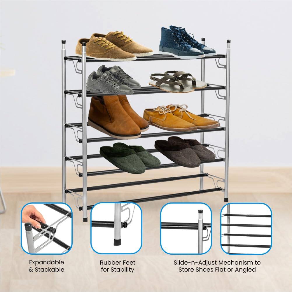 - Expandable & Stackable
- Rubber Feet for Stability
- Slide-n-Adjust Mechanism to Store Shoes Flat or Angled