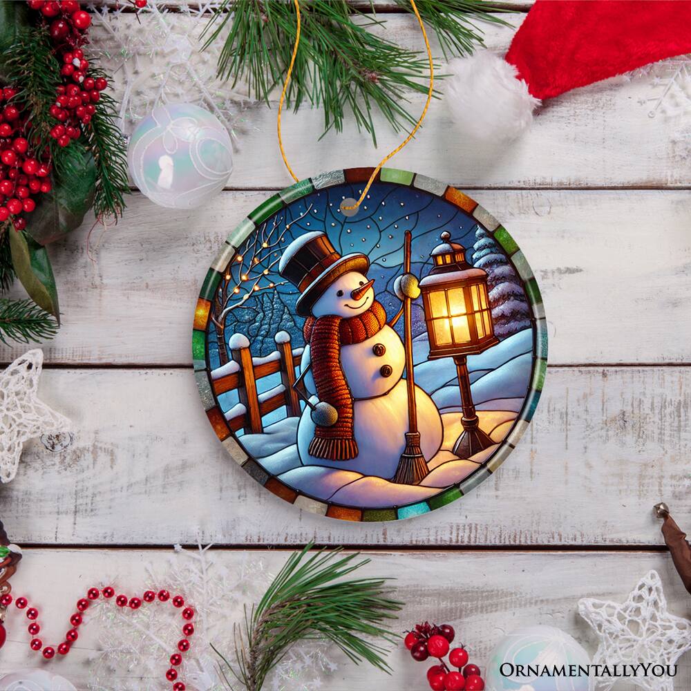Back. OrnamentallyYou - Serene Lantern Light Snowman with Top Hat Ornament Gift for Joyful Winter Decor Version 2 - Multi-colored.
