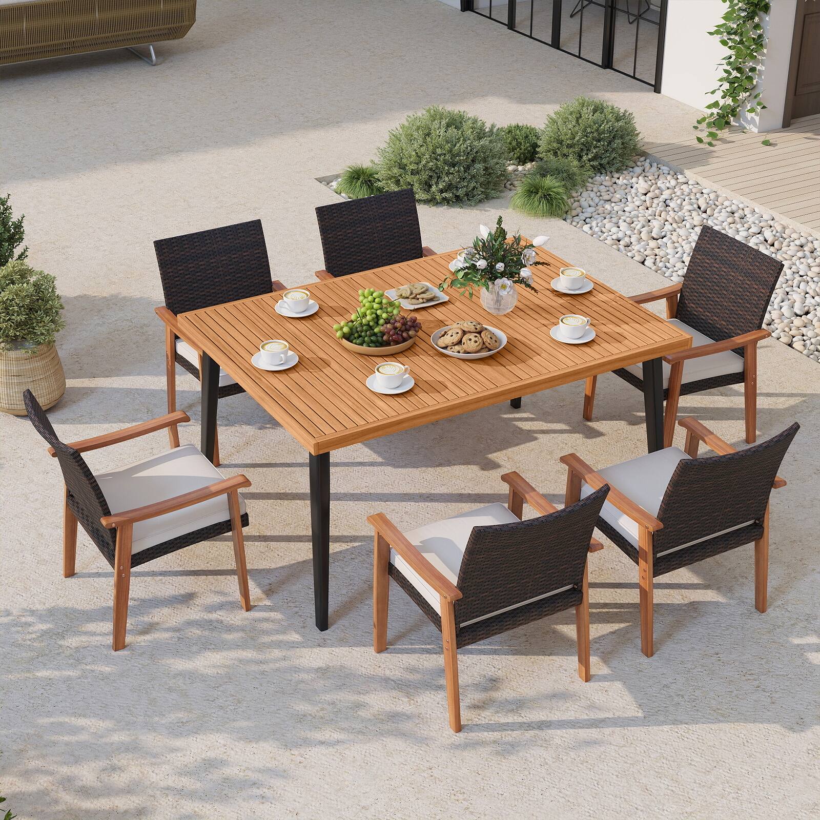 Alt View 4. Gymax - Gymax 63'' Outdoor Indoor Dining Table w/Acacia Wood Slatted Tabletop Umbrella Hole - Black.