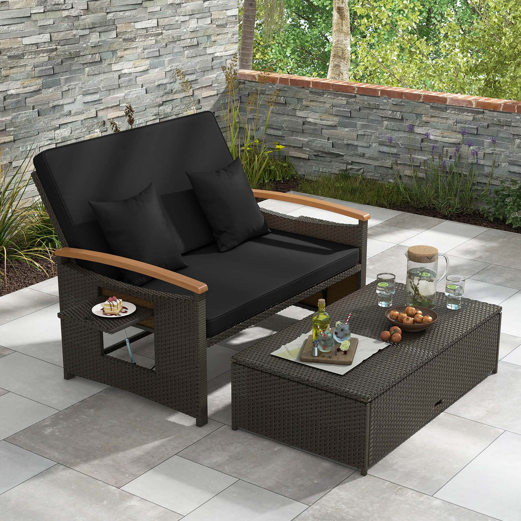 Alt View 1. Costway - Patio Rattan Daybed Set with Cushioned Loveseat & Storage Ottoman for Porch - Black.