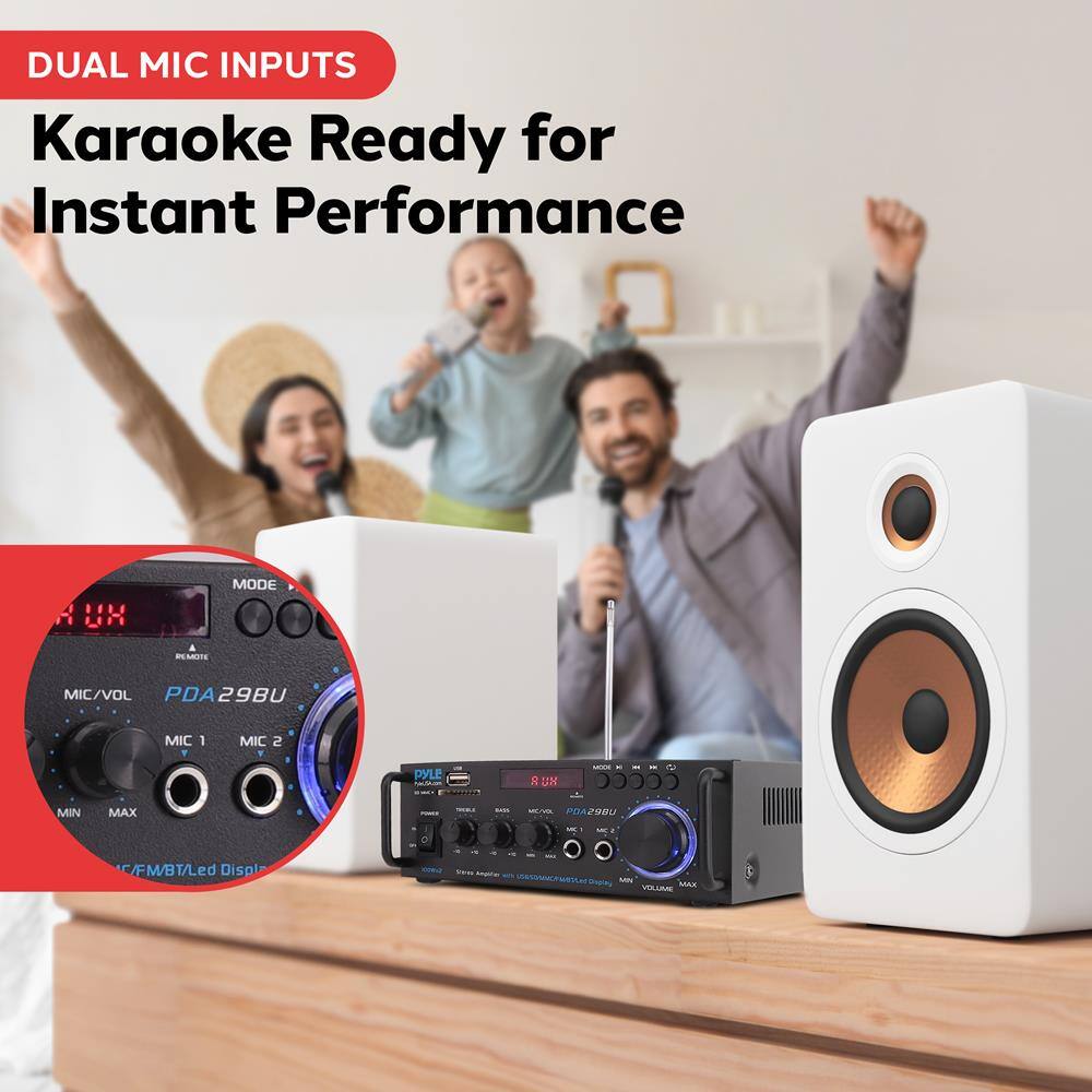 DUAL MIC INPUTS  
Karaoke Ready for Instant Performance  

PDA29BU  
MIC/VOL  
MIC 1 MIC 2  
MIN MAX  
C/FM/BT/Led Display  

PYLE  
PDA29BU  
MIC 1 MIC 2  
MIN MAX  
C/FM/BT/Led Display