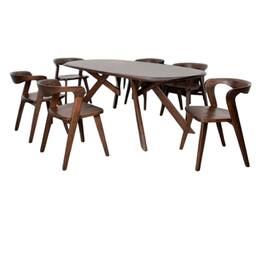 Manhattan Lane - Ziva 7pc Dining Table Set, 6 Side Chairs, 3D Edges, Brown Solid Wood - Walnut Brown