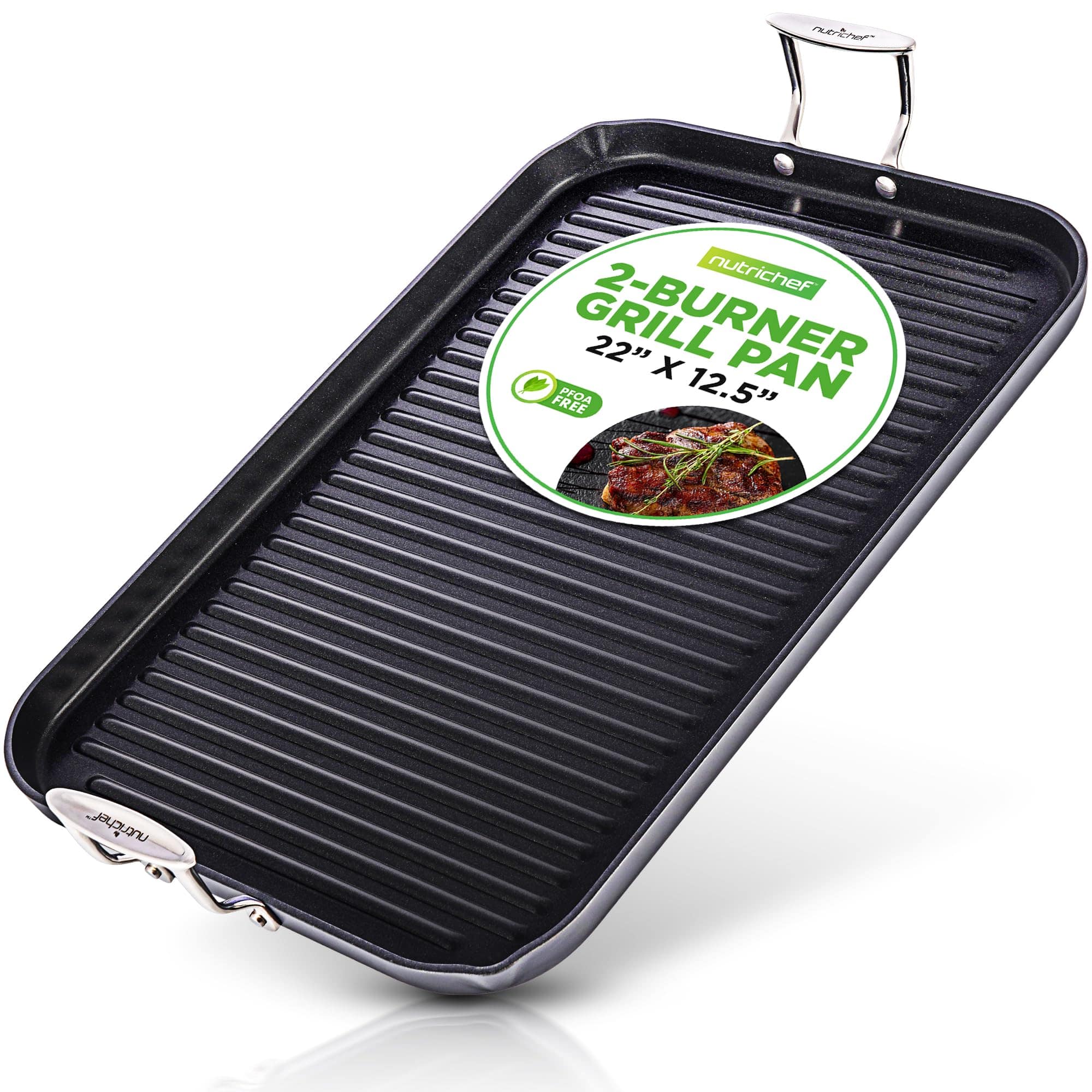 NutriChef - 20"x13" Stove Top Grill Pan, Double Burner, Non-Stick Grill & Griddle Pan, Hard-Anodized (NCGRP59) - Black