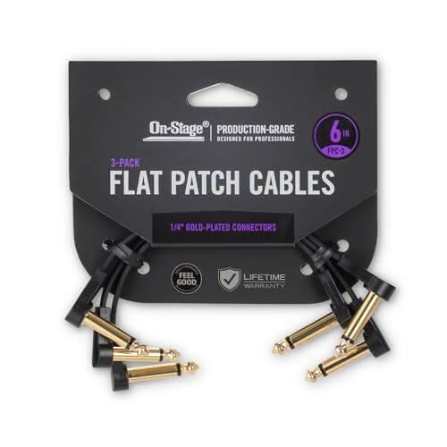 On-Stage PRODUCTION-GRADE 6m IN DESIGNED FOR PROFESSIONALS FPC-3 3-PACK FLAT PATCH CABLES 1/4" GOLD-PLATED CONNECTORS FEEL GOOD LIFETIME WARRANTY