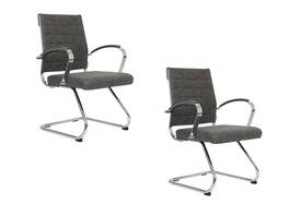 LeisureMod - Set of 2 Benmar Modern Ergonomic Office Chairs, Ribbed Leather, Chrome Arms & Steel Frame for Home or Office - Charcoal