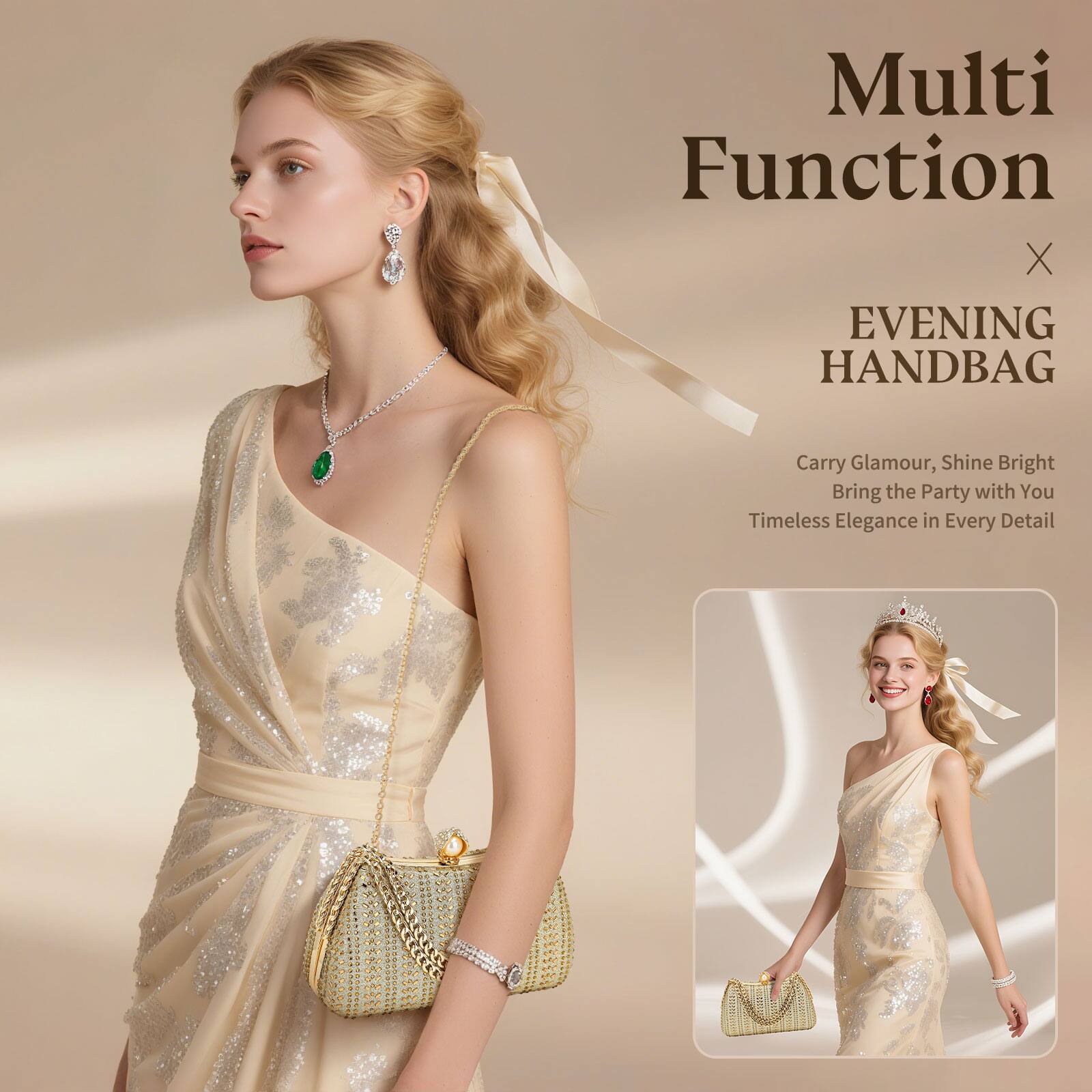 Multi Function X EVENING HANDBAG  
Carry Glamour, Shine Bright  
Bring the Party with You  
Timeless Elegance in Every Detail