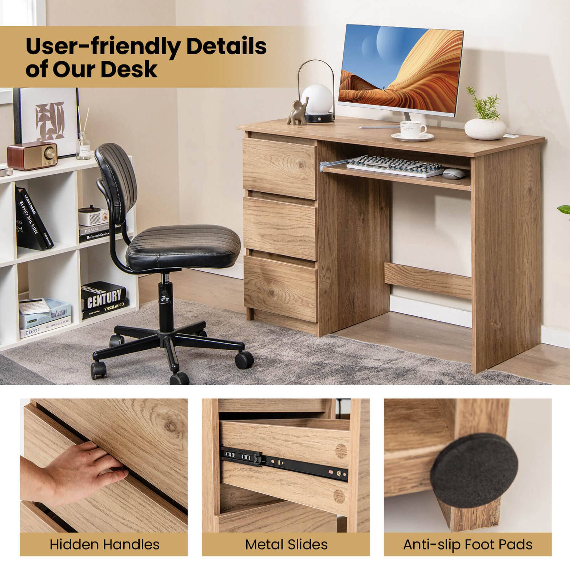 User-friendly Details of Our Desk: Hidden Handles, Metal Slides, Anti-slip Foot Pads