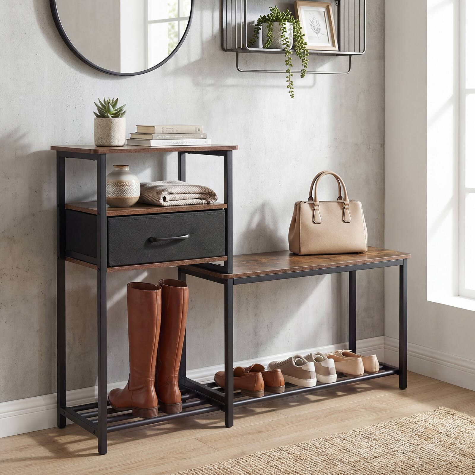 Alt View 4. Costway - Costway 3-Tier Shoe Rack Bench with Drawer & Metal Frame, Entryway Bench with Storage - Rustic Brown & Black.