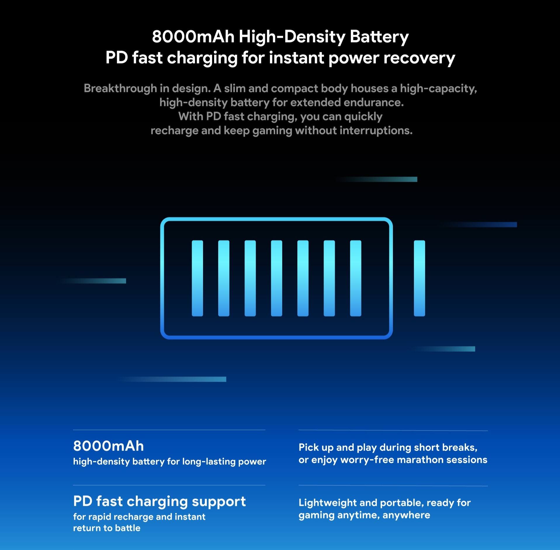 8000mAh High-Density Battery  
PD fast charging for instant power recovery  

Breakthrough in design. A slim and compact body houses a high-capacity, high-density battery for extended endurance. With PD fast charging, you can quickly recharge and keep gaming without interruptions.  

8000mAh  
high-density battery for long-lasting power  

PD fast charging support  
for rapid recharge and instant return to battle  

Pick up and play during short breaks, or enjoy worry-free marathon sessions  

Lightweight and portable, ready for gaming anytime, anywhere