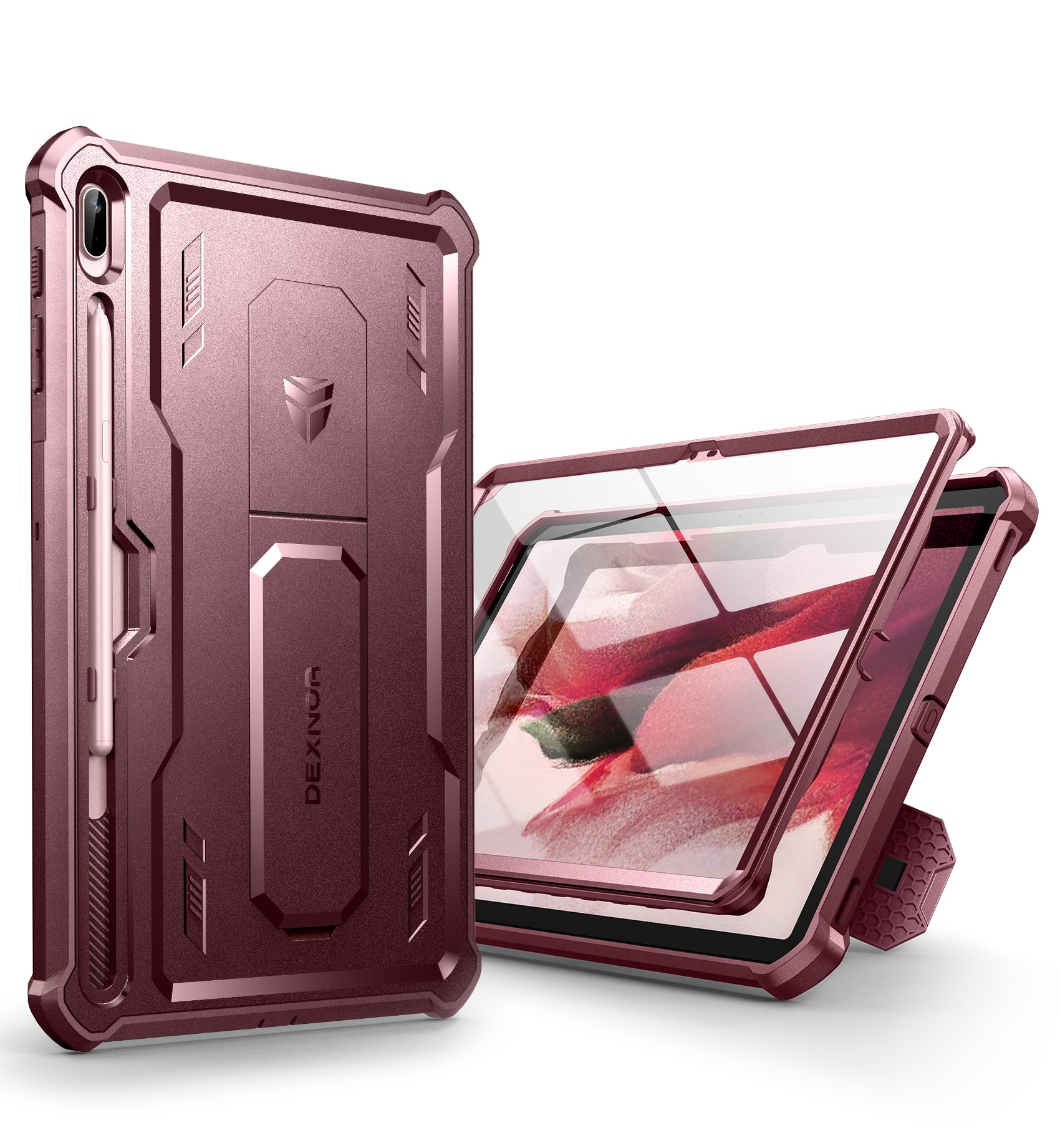 Dexnor - Case for Samsung Galaxy Tab S7 FE 12.4 Inch with Kickstand,Pen Holder Heavy Duty Shockproof Full Body Protective Cover - Maroon Red