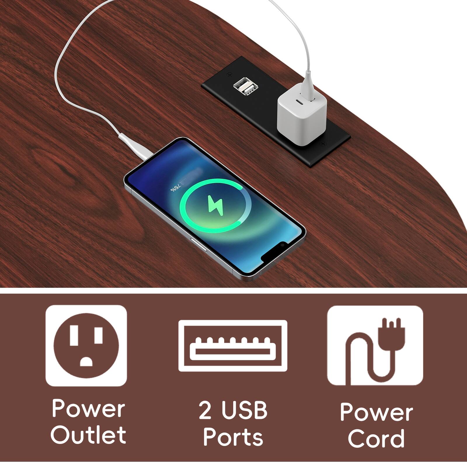 - Power Outlet
- 2 USB Ports
- Power Cord