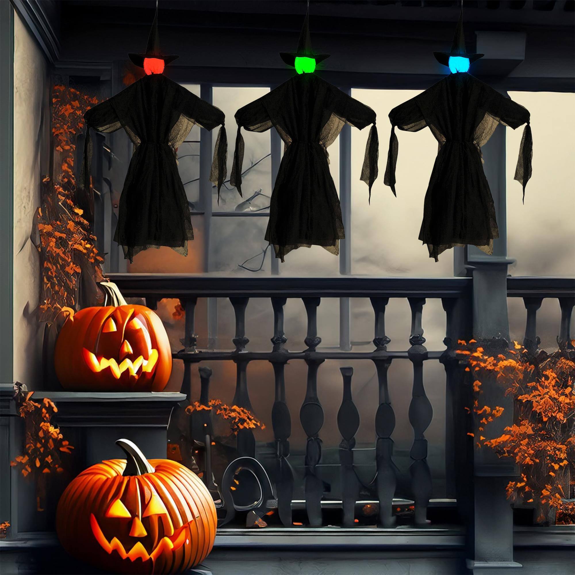 Alt View 10. Funworld - Light-Up Color Change Hanging Witches  | Set of 3 - Black.