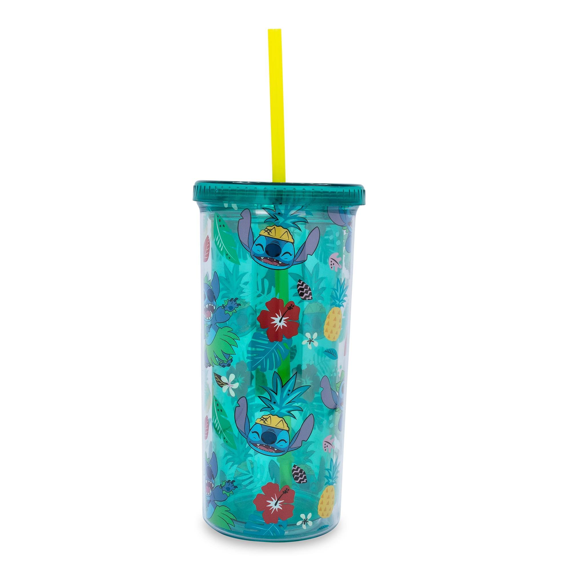 Front. Silver Buffalo - Disney Lilo & Stitch Tropical Summer Icons Carnival Cup with Lid and Straw - Blue.