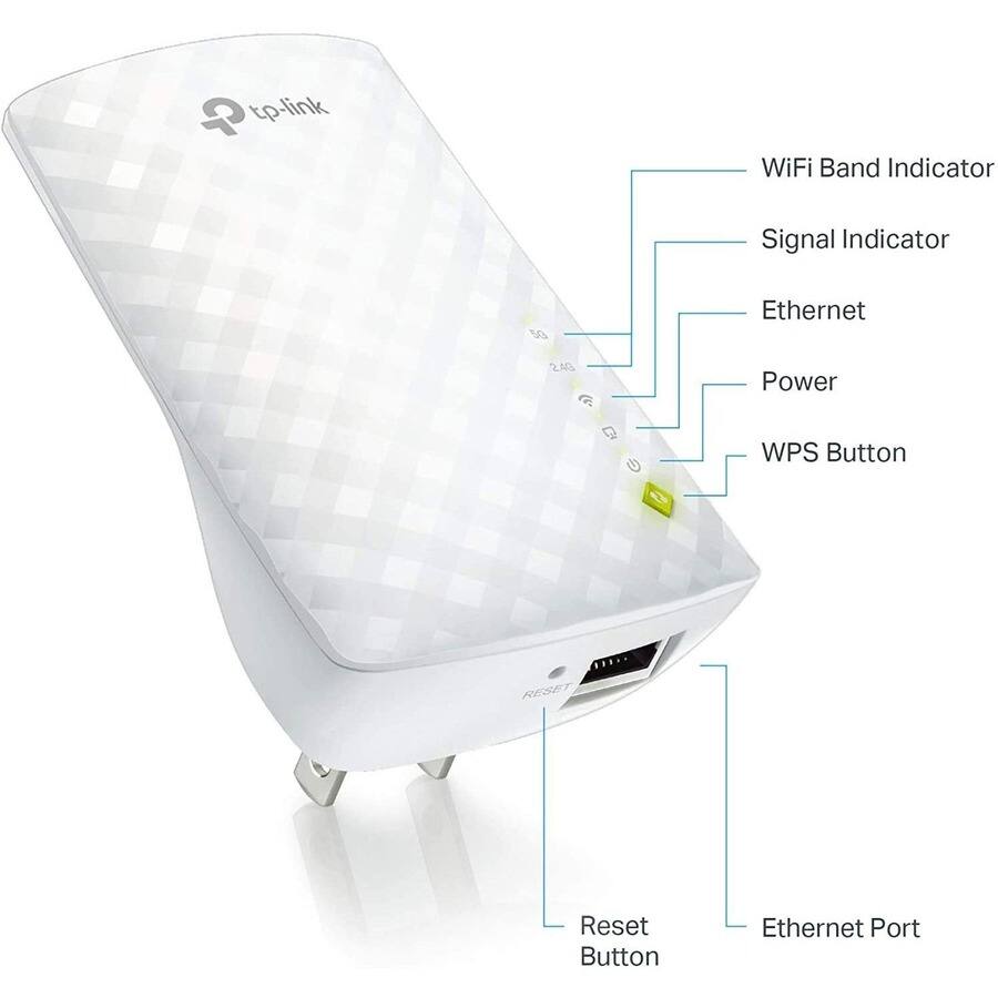 - TP-Link WiFi Band Indicator
- Signal Indicator
- Ethernet
- Power
- WPS Button
- Reset Button
- Ethernet Port