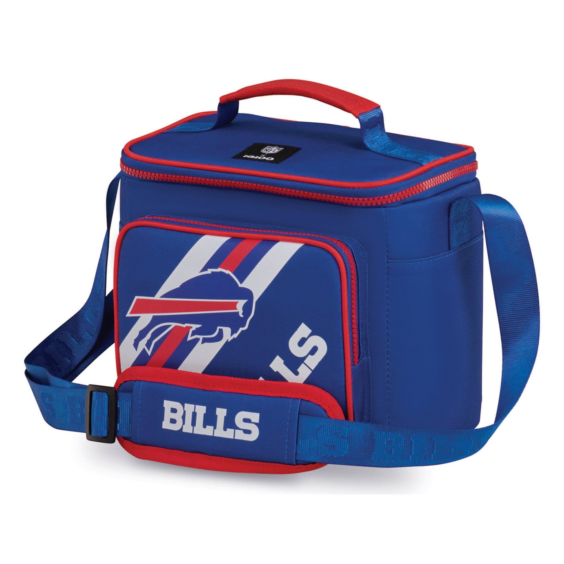 The text on the image should be grouped and corrected as follows:

- "BILLS" (on the front pocket)
- "BILLS" (on the strap)
- "BILLS" (on the side pocket)
- "BILLS" (on the top flap)

The logo on the front pocket is the Buffalo Bills logo.