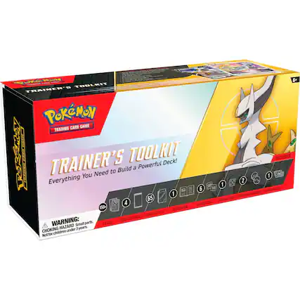 **Pokémon Trading Card Game**
**Trainer's Toolkit**
**Everything You Need to Build a Powerful Deck!**
**Includes:**
- 150+ Cards
- 6 Booster Packs
- 5 Card Sleeves
- 1 Guidebook
- 6 Damage Dice
- 1 Coin Flip
- 2 Condition Markers
- 1 Star Marker
**Warning:**
- Choking Hazard: Small parts. Not for children under 3 years.
**Age Recommendation:**
- 6+