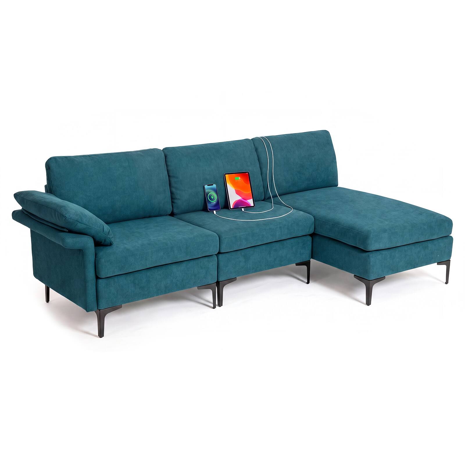 Alt View 1. Costway - Costway Modular Sectional Sofa with Storage & Charging Station, Chaise, Pillow Armrest - Turquoise.