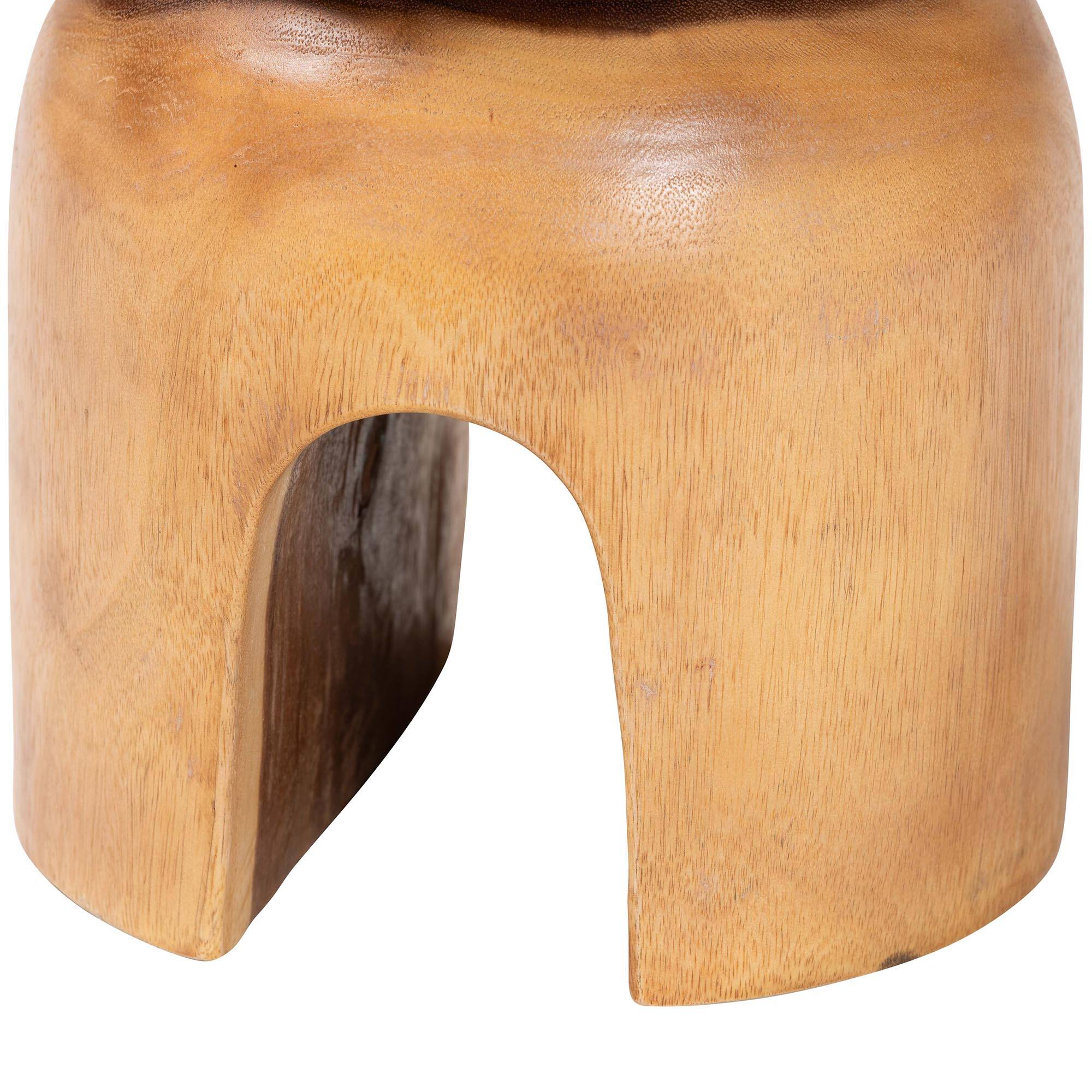 Left. bali & pari - Abrina Solid Suar Wood Side Table - Hand-Carved Sculptural End Table with Arched Base, Modern Boho Style - Natural Brown.
