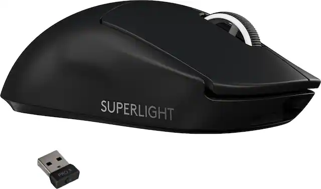 The image features a black SuperLight mouse and a USB stick. The mouse is designed to be lightweight and portable, making it a convenient choice for users who need a compact and easy-to-use device. The USB stick, which is also black, is likely used for data transfer or storage purposes, and it is placed next to the mouse.