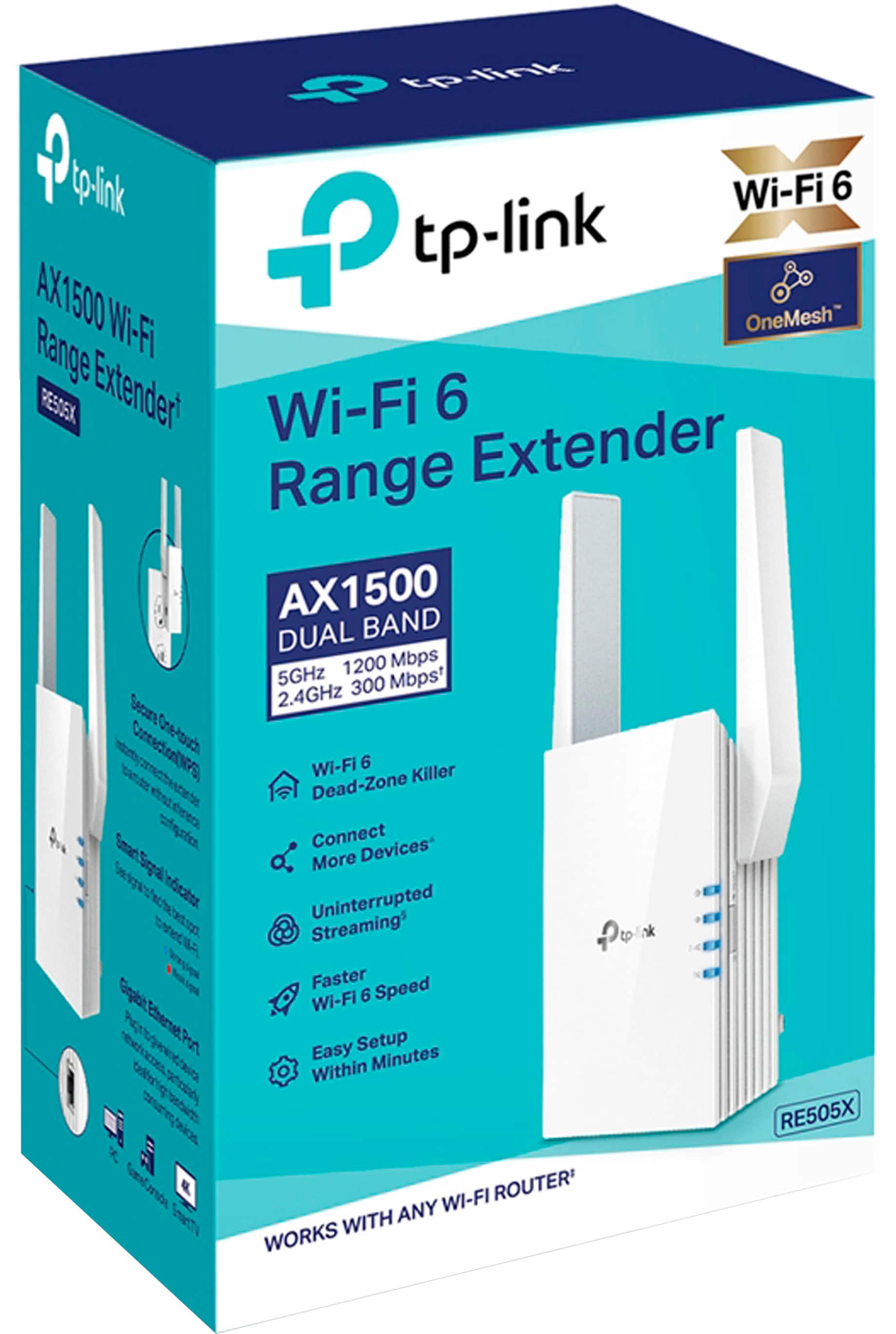 tp-link Wi-Fi 6 Range Extender AX1500 DUAL BAND 1200 Mbps 5GHz 300 Mbps 2.4GHz Secus Corracion(NPS) Onetuch Wi-Fi 6 Killer Dead-Zone mar srfarten Connect Devices* Sgal More Uninterrupted Streaming P0*k Faster Speed Gggise Wi-Fi 6 Pot Easy Setup Within Minutes RE505X K WI-FI ROUTER' WITH ANY WORKS