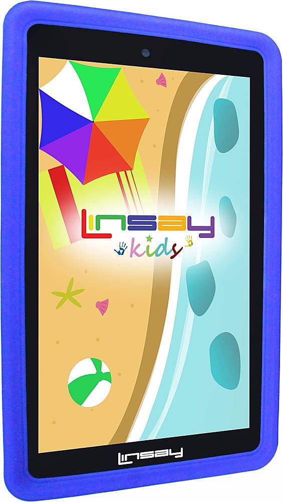 Angle View: LINSAY 7" Tablet Kids 2 GB RAM 16 GB Android 9.0 funny tab with Blue Defender Case Dual Camera